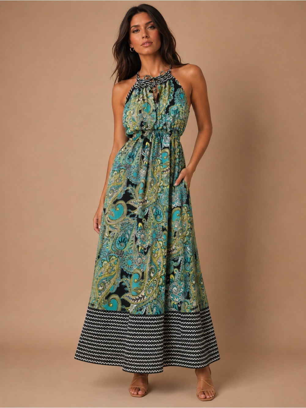 Enfocus Studio Turquoise & Black Paisley Halter Maxi Dress